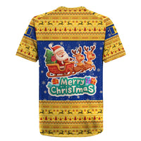 Barbados Christmas Rugby Jersey with Blue Yellow Xmas Trident Santa and Reindeer - Wonder Print Shop