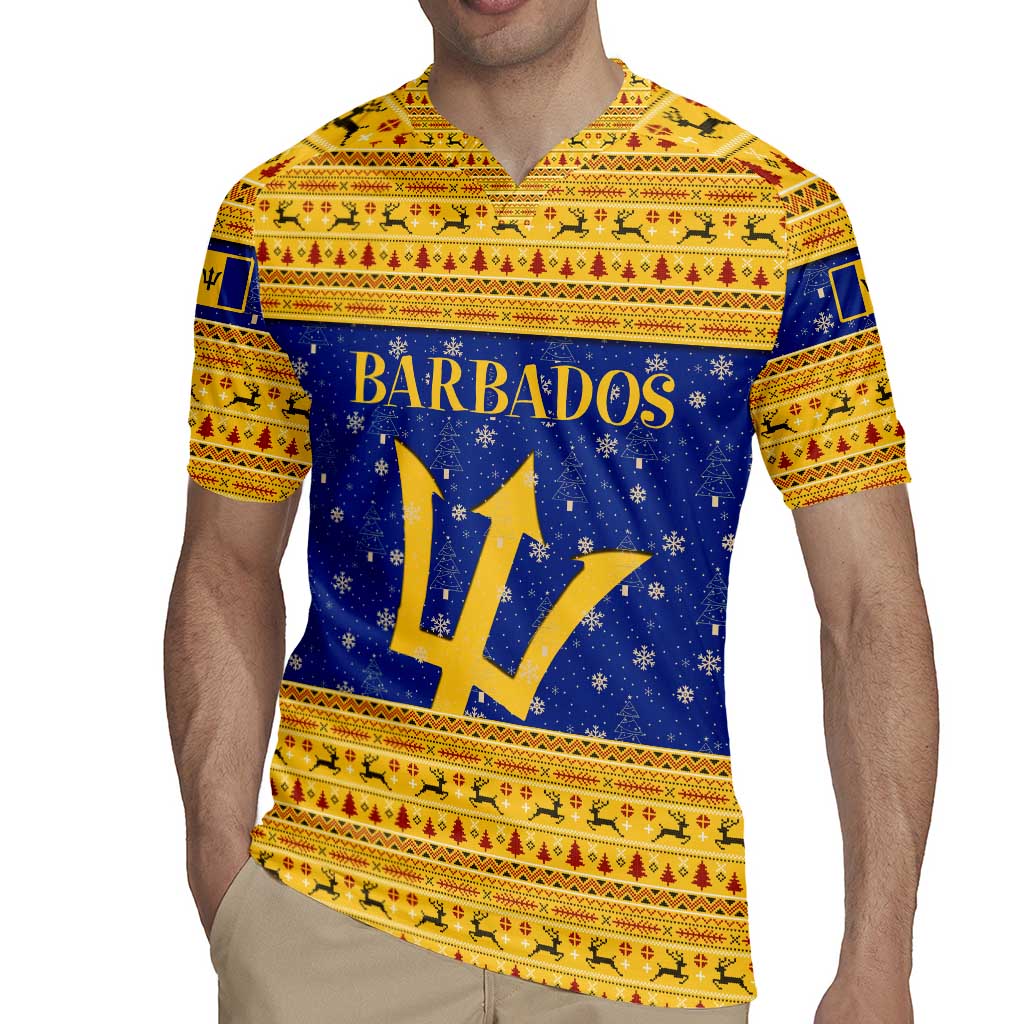 Barbados Christmas Rugby Jersey with Blue Yellow Xmas Trident Santa and Reindeer - Wonder Print Shop