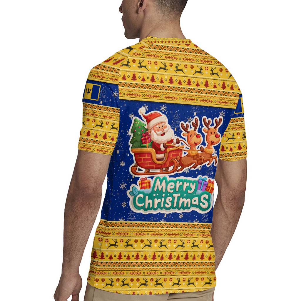 Barbados Christmas Rugby Jersey with Blue Yellow Xmas Trident Santa and Reindeer - Wonder Print Shop