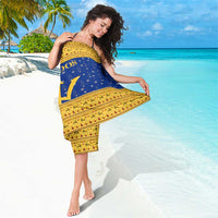 Barbados Christmas Sarong with Blue Yellow Xmas Trident Santa and Reindeer - Wonder Print Shop