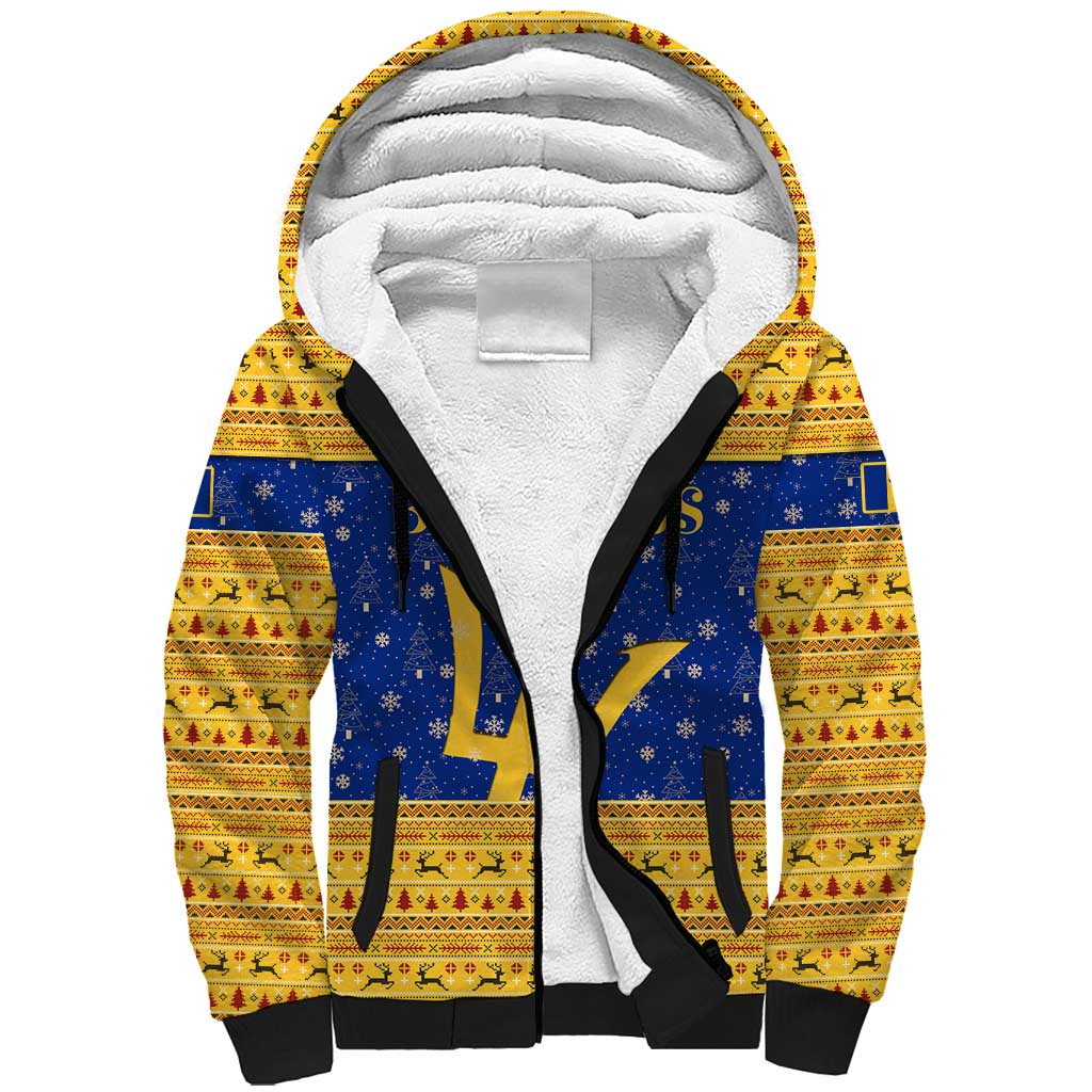 Barbados Christmas Sherpa Hoodie with Blue Yellow Xmas Trident Santa and Reindeer - Wonder Print Shop