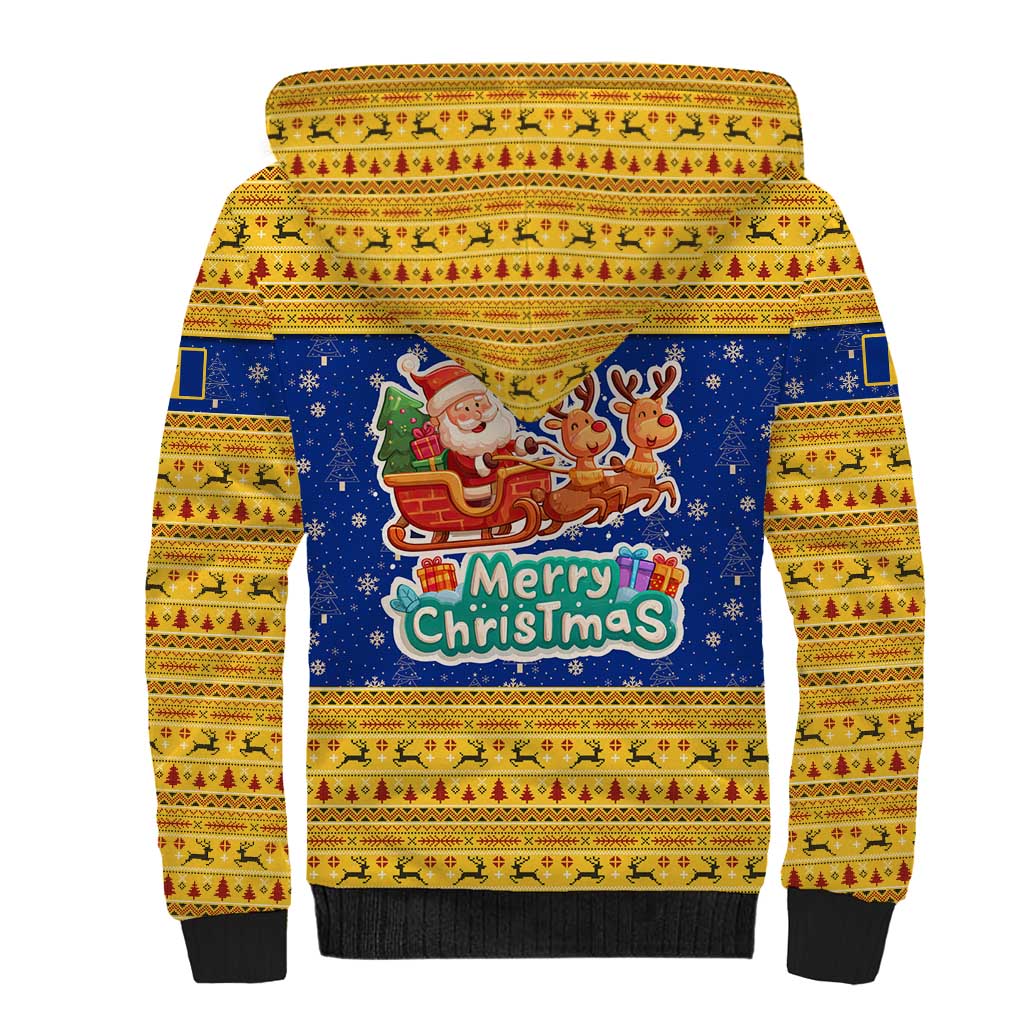 Barbados Christmas Sherpa Hoodie with Blue Yellow Xmas Trident Santa and Reindeer - Wonder Print Shop