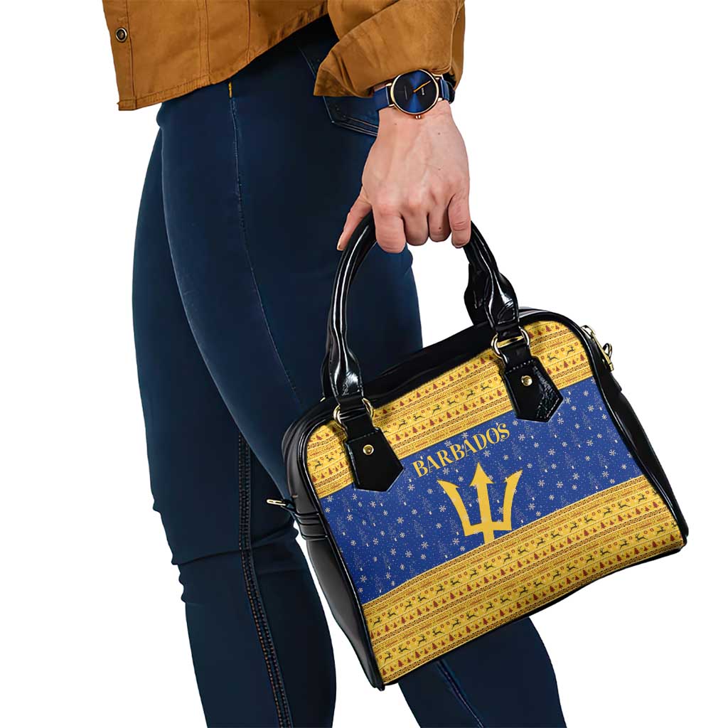 Barbados Christmas Shoulder Handbag with Blue Yellow Xmas Trident Santa and Reindeer - Wonder Print Shop