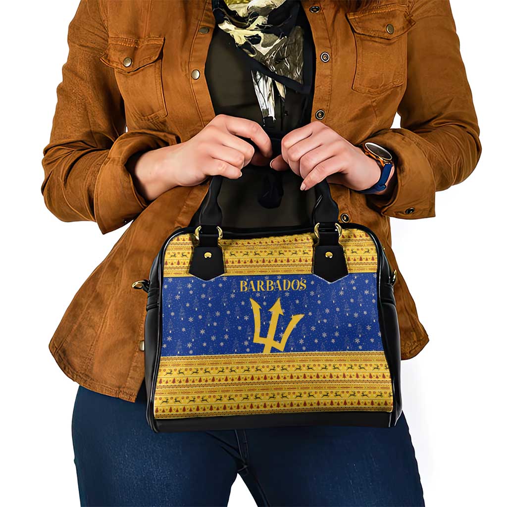 Barbados Christmas Shoulder Handbag with Blue Yellow Xmas Trident Santa and Reindeer - Wonder Print Shop