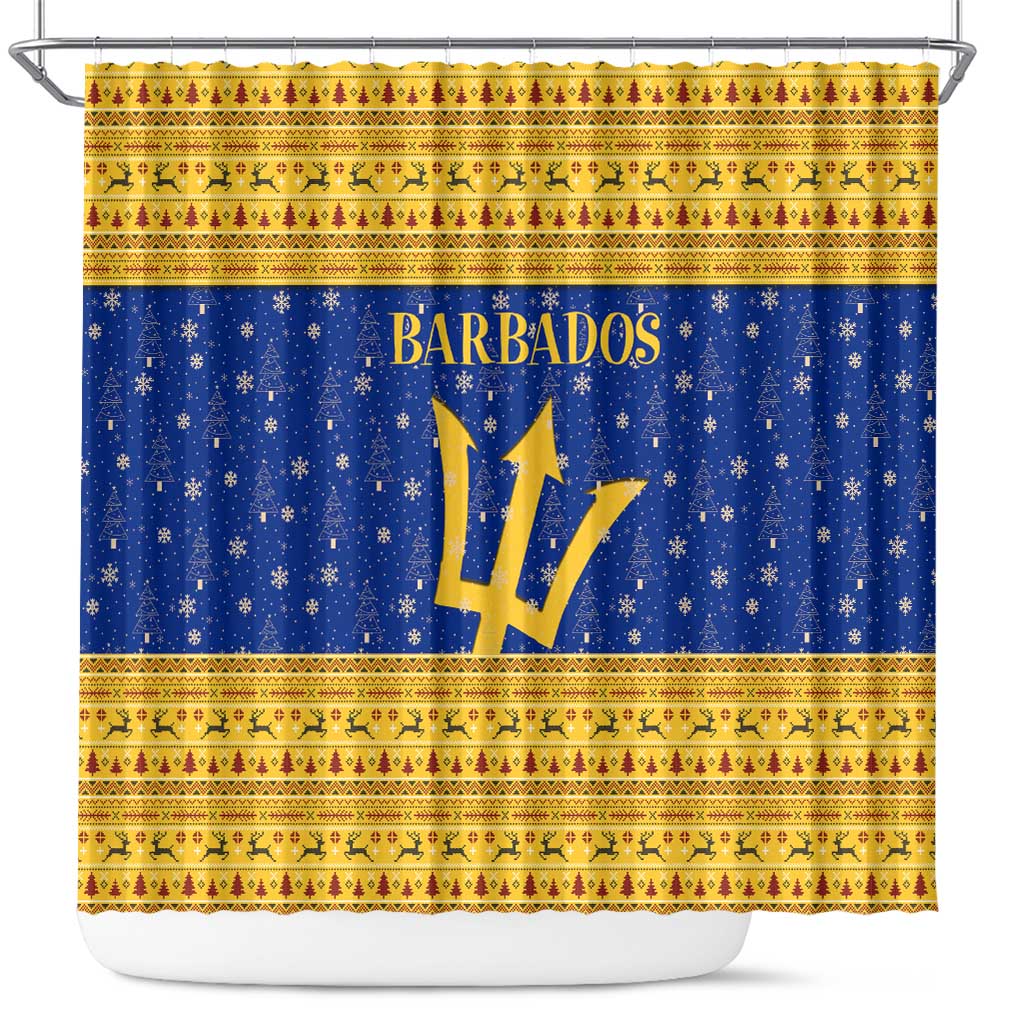 Barbados Christmas Shower Curtain with Blue Yellow Xmas Trident Santa and Reindeer - Wonder Print Shop