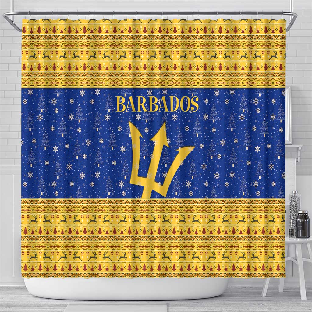 Barbados Christmas Shower Curtain with Blue Yellow Xmas Trident Santa and Reindeer - Wonder Print Shop