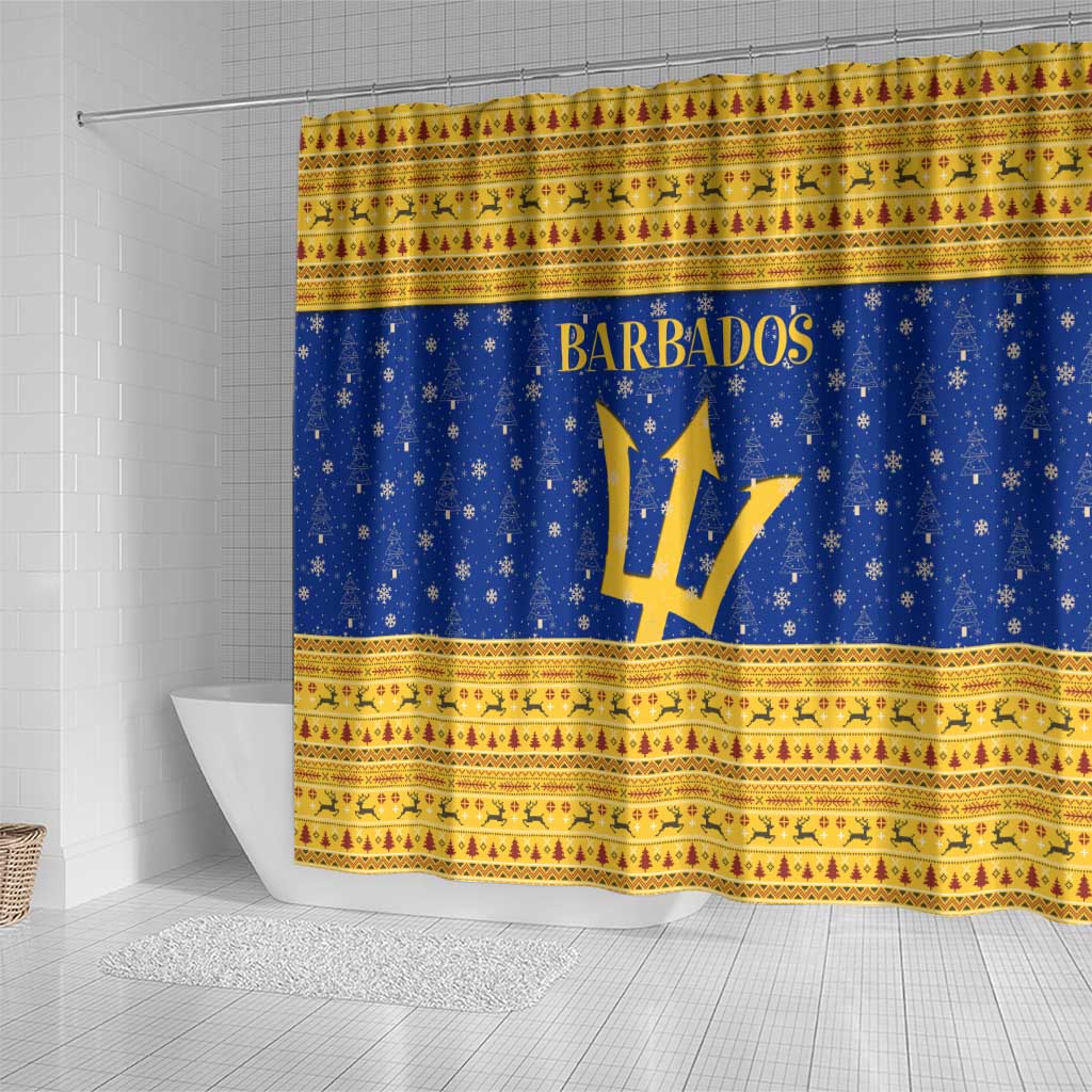 Barbados Christmas Shower Curtain with Blue Yellow Xmas Trident Santa and Reindeer - Wonder Print Shop