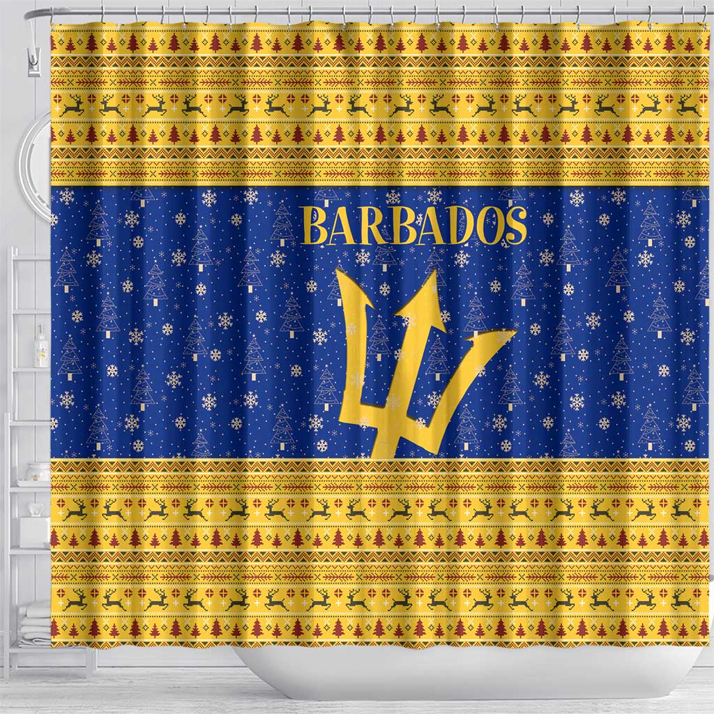 Barbados Christmas Shower Curtain with Blue Yellow Xmas Trident Santa and Reindeer - Wonder Print Shop