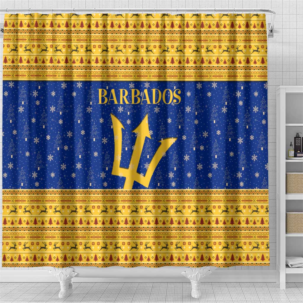 Barbados Christmas Shower Curtain with Blue Yellow Xmas Trident Santa and Reindeer - Wonder Print Shop