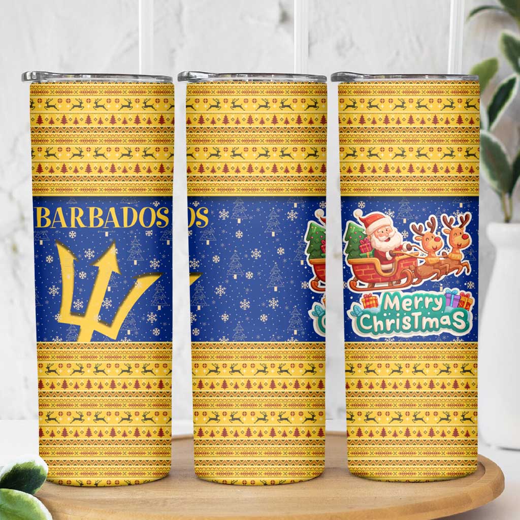 Barbados Christmas Skinny Tumbler with Blue Yellow Xmas Trident Santa and Reindeer - Wonder Print Shop