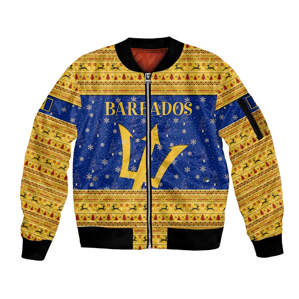 Barbados Christmas Sleeve Zip Bomber Jacket with Blue Yellow Xmas Trident Santa and Reindeer - Wonder Print Shop