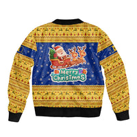 Barbados Christmas Sleeve Zip Bomber Jacket with Blue Yellow Xmas Trident Santa and Reindeer - Wonder Print Shop