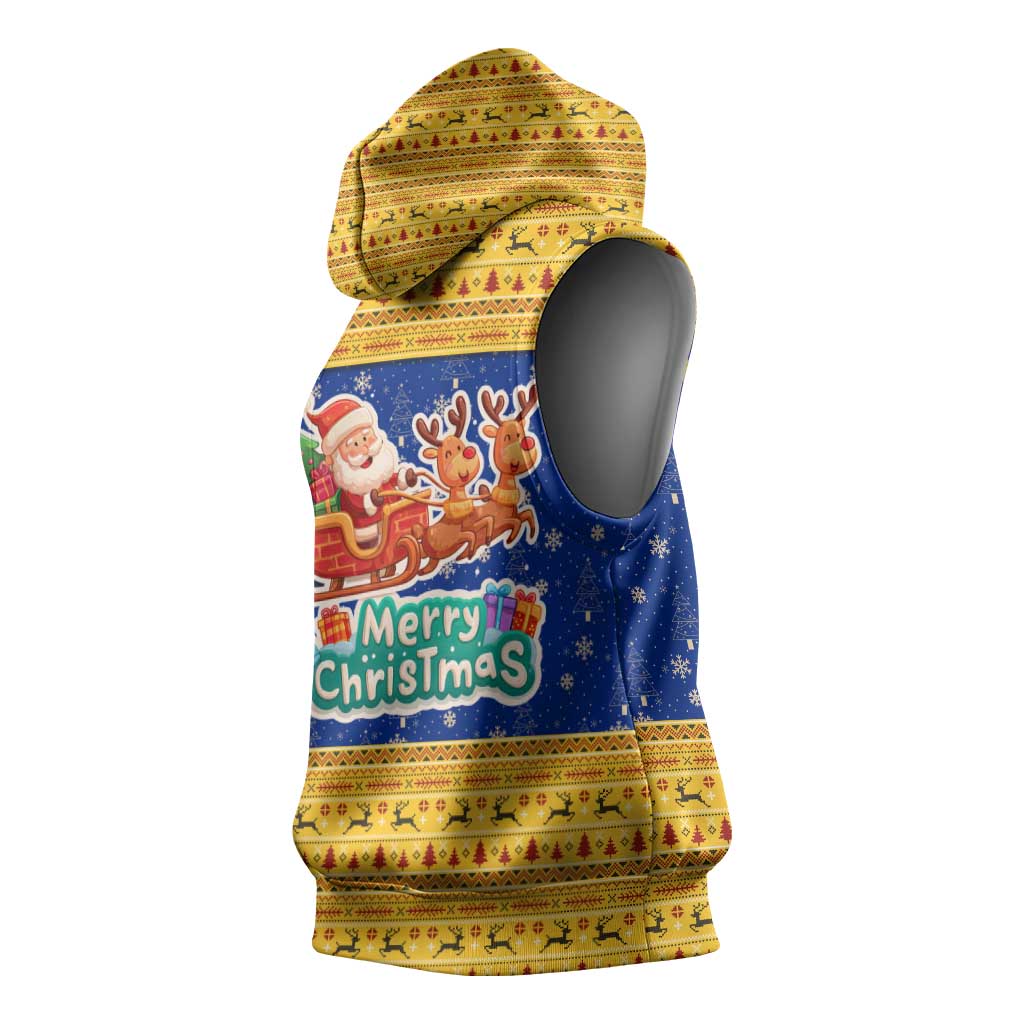 Barbados Christmas Sleeveless Hoodie with Blue Yellow Xmas Trident Santa and Reindeer - Wonder Print Shop
