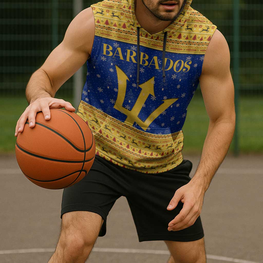Barbados Christmas Sleeveless Hoodie with Blue Yellow Xmas Trident Santa and Reindeer - Wonder Print Shop