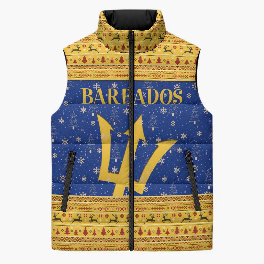 Barbados Christmas Sleeveless Puffer Jacket with Blue Yellow Xmas Trident Santa and Reindeer - Wonder Print Shop