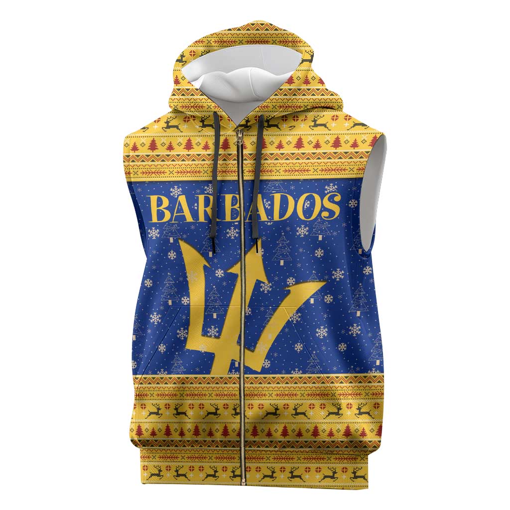 Barbados Christmas Sleeveless Zip Hoodie with Blue Yellow Xmas Trident Santa and Reindeer - Wonder Print Shop