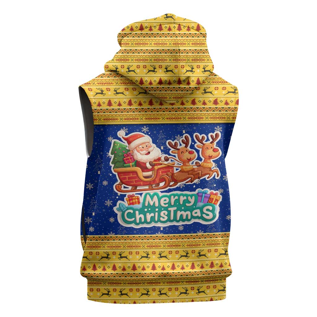 Barbados Christmas Sleeveless Zip Hoodie with Blue Yellow Xmas Trident Santa and Reindeer - Wonder Print Shop