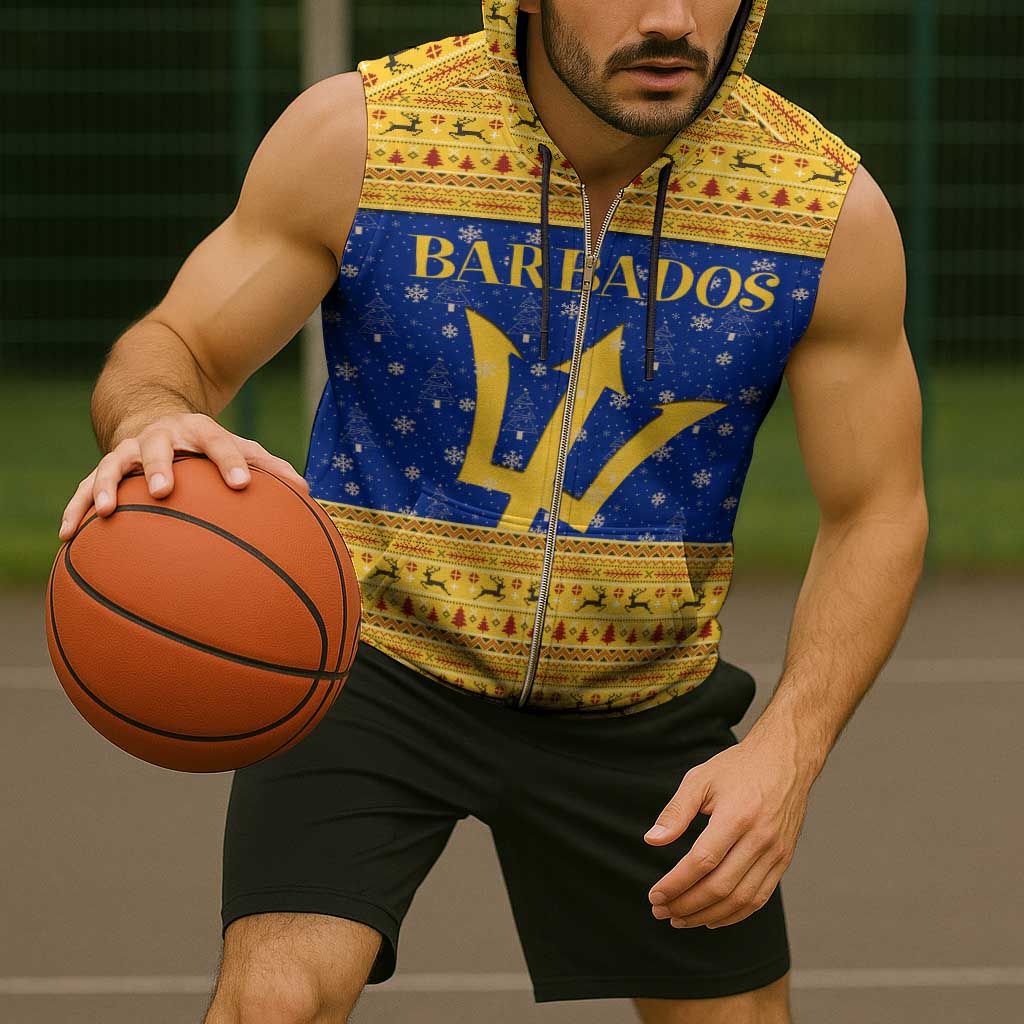 Barbados Christmas Sleeveless Zip Hoodie with Blue Yellow Xmas Trident Santa and Reindeer - Wonder Print Shop