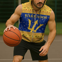 Barbados Christmas Sleeveless Zip Hoodie with Blue Yellow Xmas Trident Santa and Reindeer - Wonder Print Shop