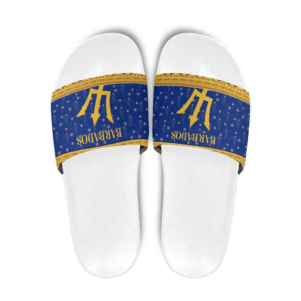 Barbados Christmas Slide Sandals with Blue Yellow Xmas Trident Santa and Reindeer - Wonder Print Shop