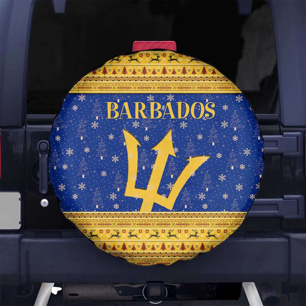Barbados Christmas Spare Tire Cover with Blue Yellow Xmas Trident Santa and Reindeer - Wonder Print Shop