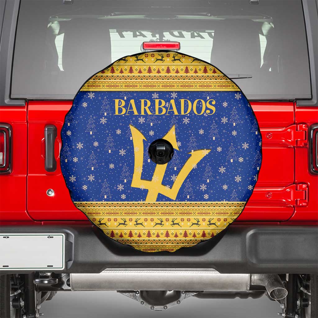 Barbados Christmas Spare Tire Cover with Blue Yellow Xmas Trident Santa and Reindeer - Wonder Print Shop