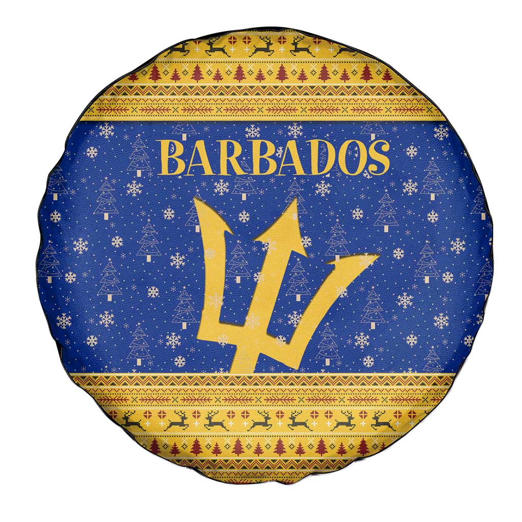 Barbados Christmas Spare Tire Cover with Blue Yellow Xmas Trident Santa and Reindeer - Wonder Print Shop
