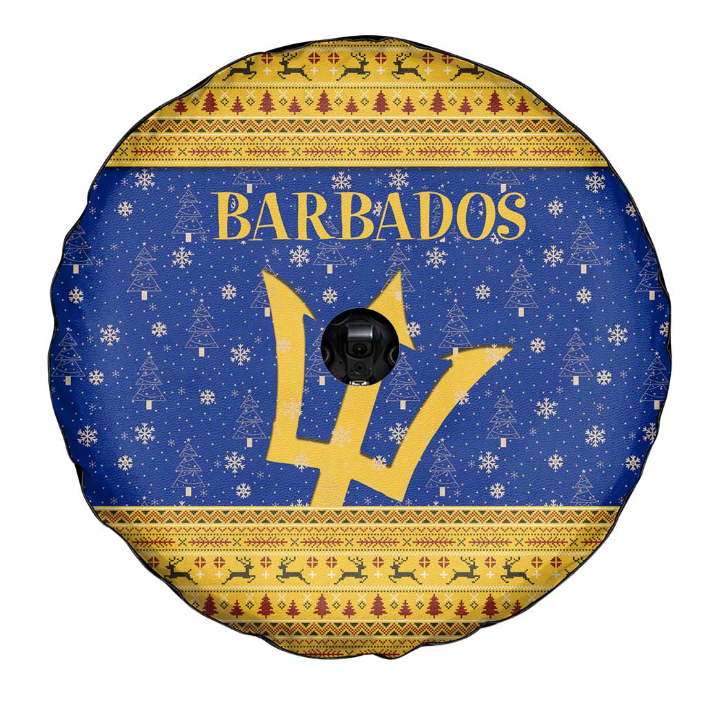 Barbados Christmas Spare Tire Cover with Blue Yellow Xmas Trident Santa and Reindeer - Wonder Print Shop