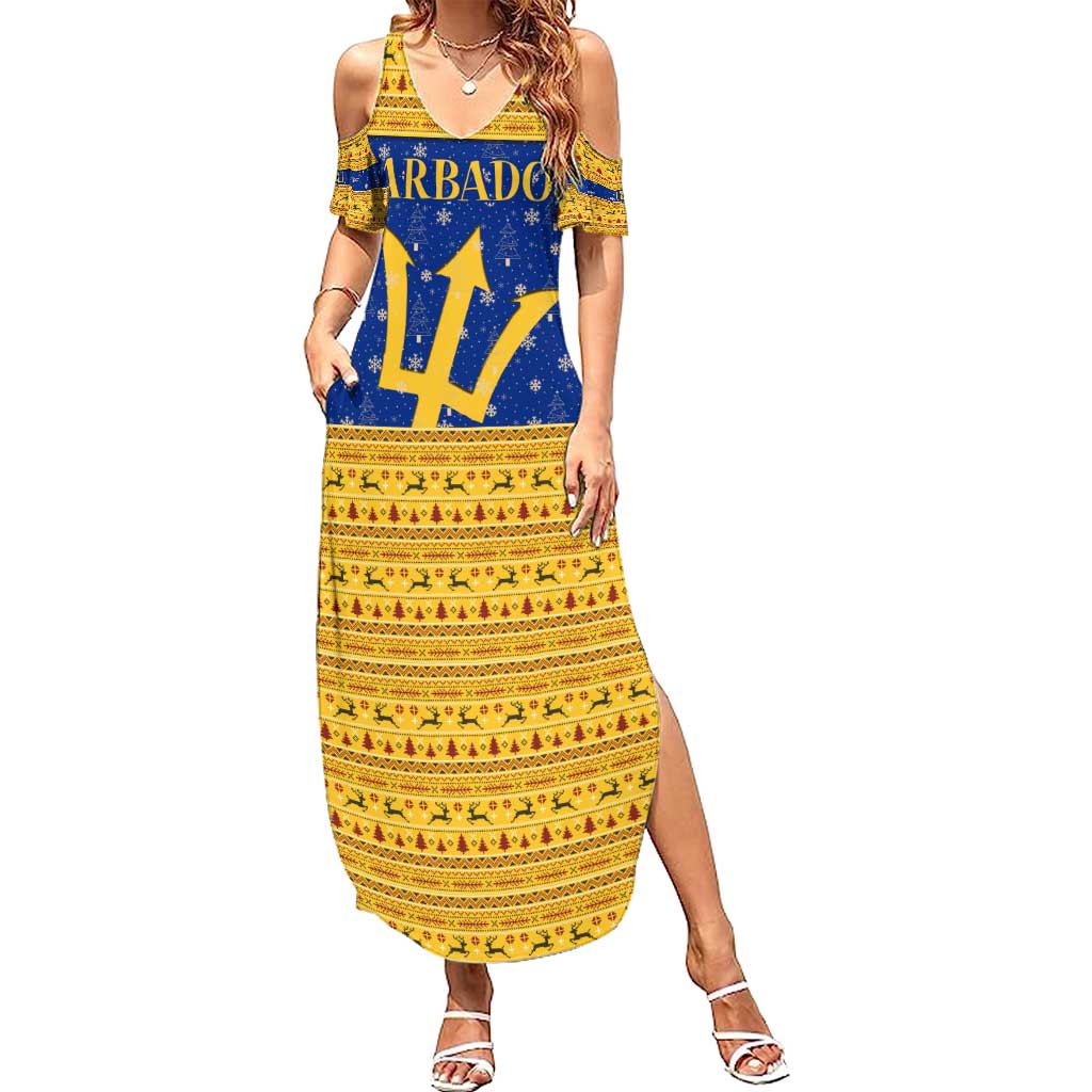 Barbados Christmas Summer Maxi Dress with Blue Yellow Xmas Trident Santa and Reindeer - Wonder Print Shop