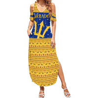Barbados Christmas Summer Maxi Dress with Blue Yellow Xmas Trident Santa and Reindeer - Wonder Print Shop