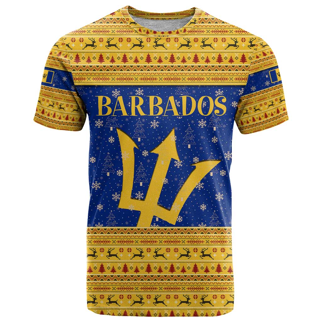 Barbados Christmas T Shirt with Blue Yellow Xmas Trident Santa and Reindeer - Wonder Print Shop