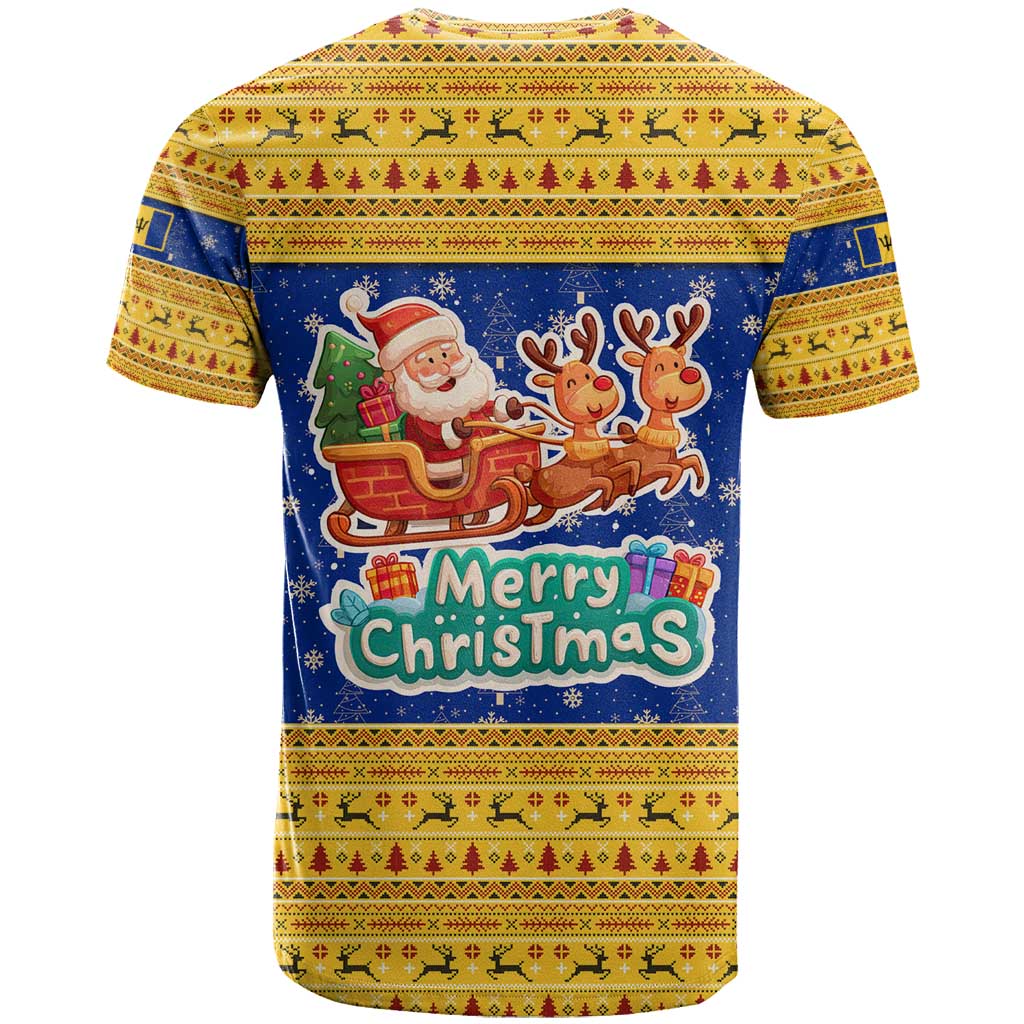 Barbados Christmas T Shirt with Blue Yellow Xmas Trident Santa and Reindeer - Wonder Print Shop