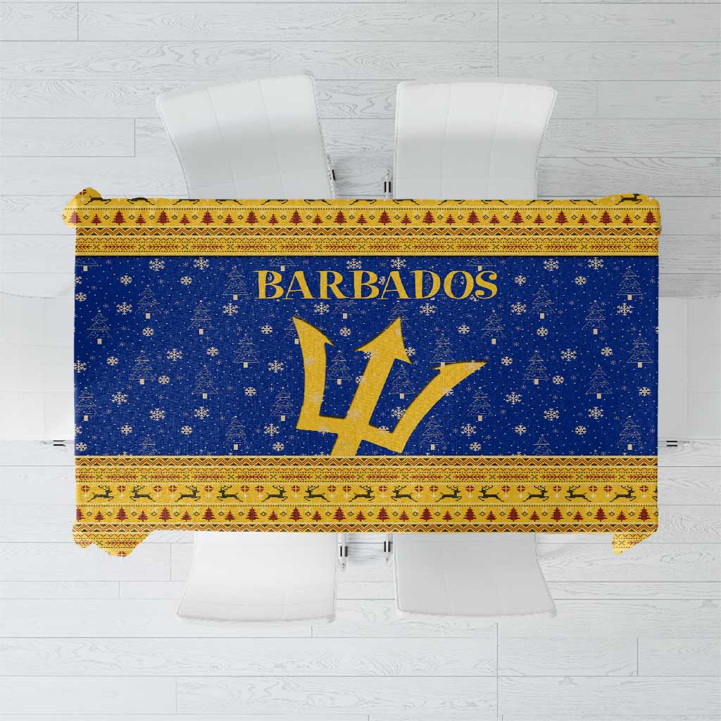 Barbados Christmas Tablecloth with Blue Yellow Xmas Trident Santa and Reindeer - Wonder Print Shop