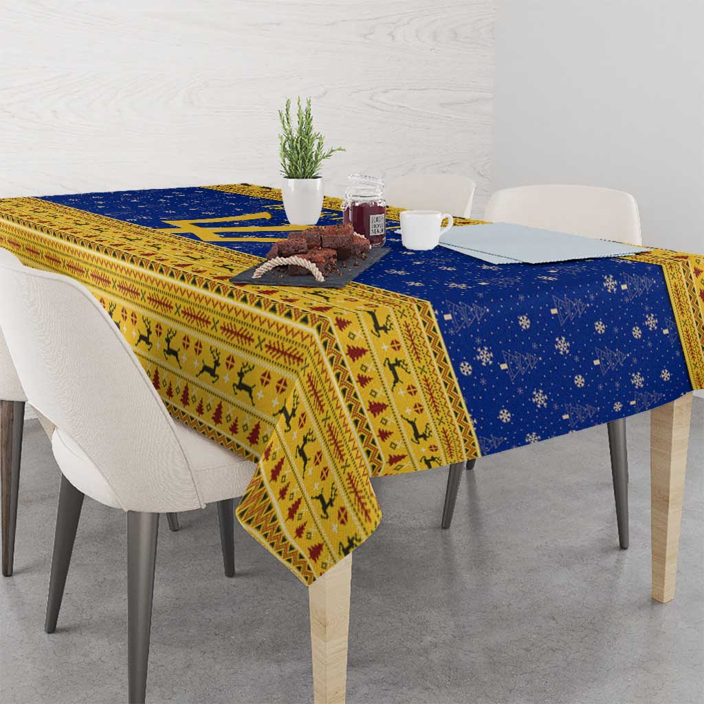 Barbados Christmas Tablecloth with Blue Yellow Xmas Trident Santa and Reindeer - Wonder Print Shop