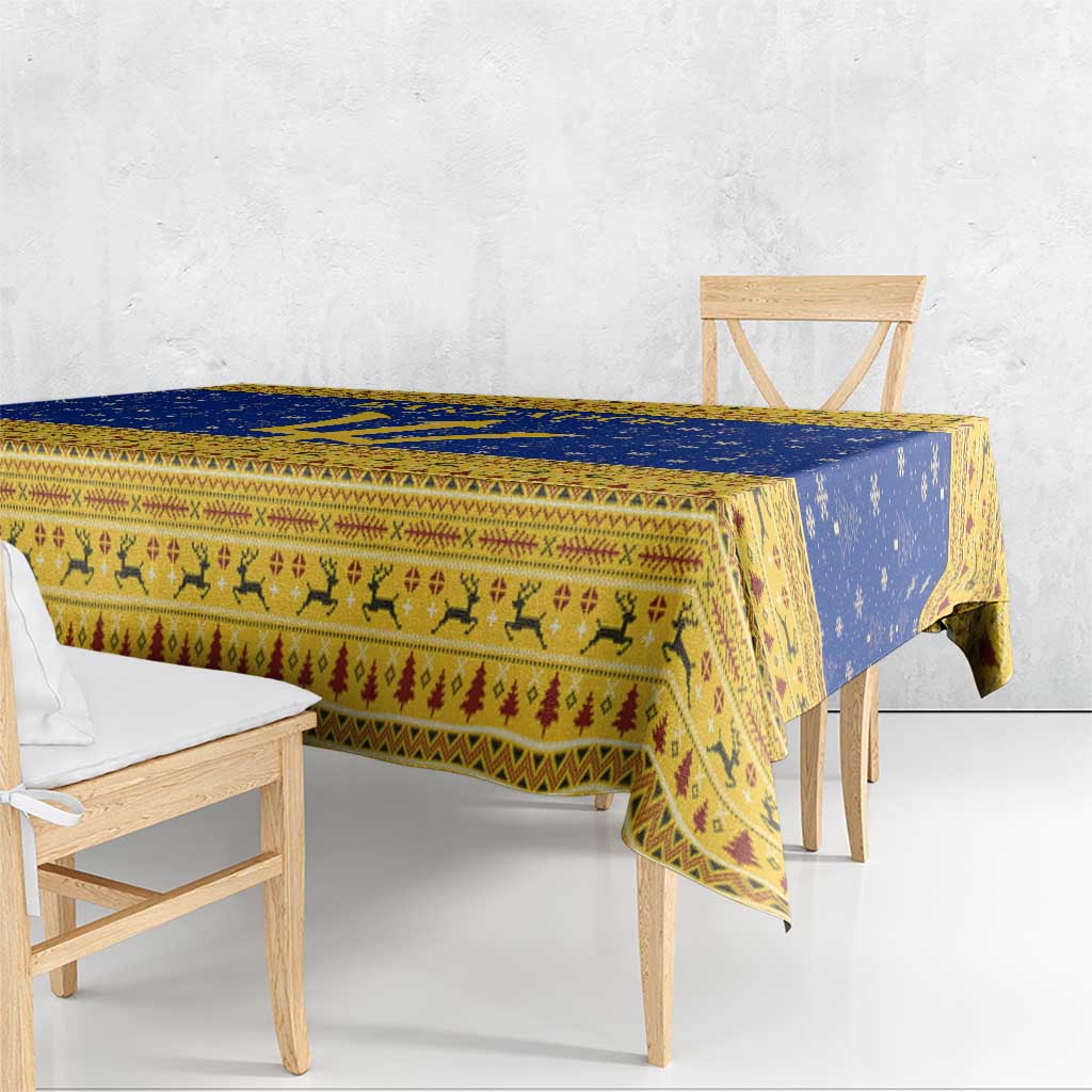 Barbados Christmas Tablecloth with Blue Yellow Xmas Trident Santa and Reindeer - Wonder Print Shop