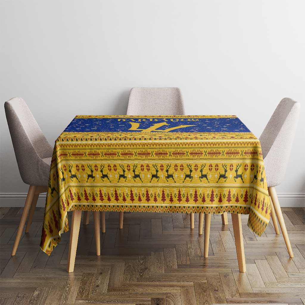 Barbados Christmas Tablecloth with Blue Yellow Xmas Trident Santa and Reindeer - Wonder Print Shop