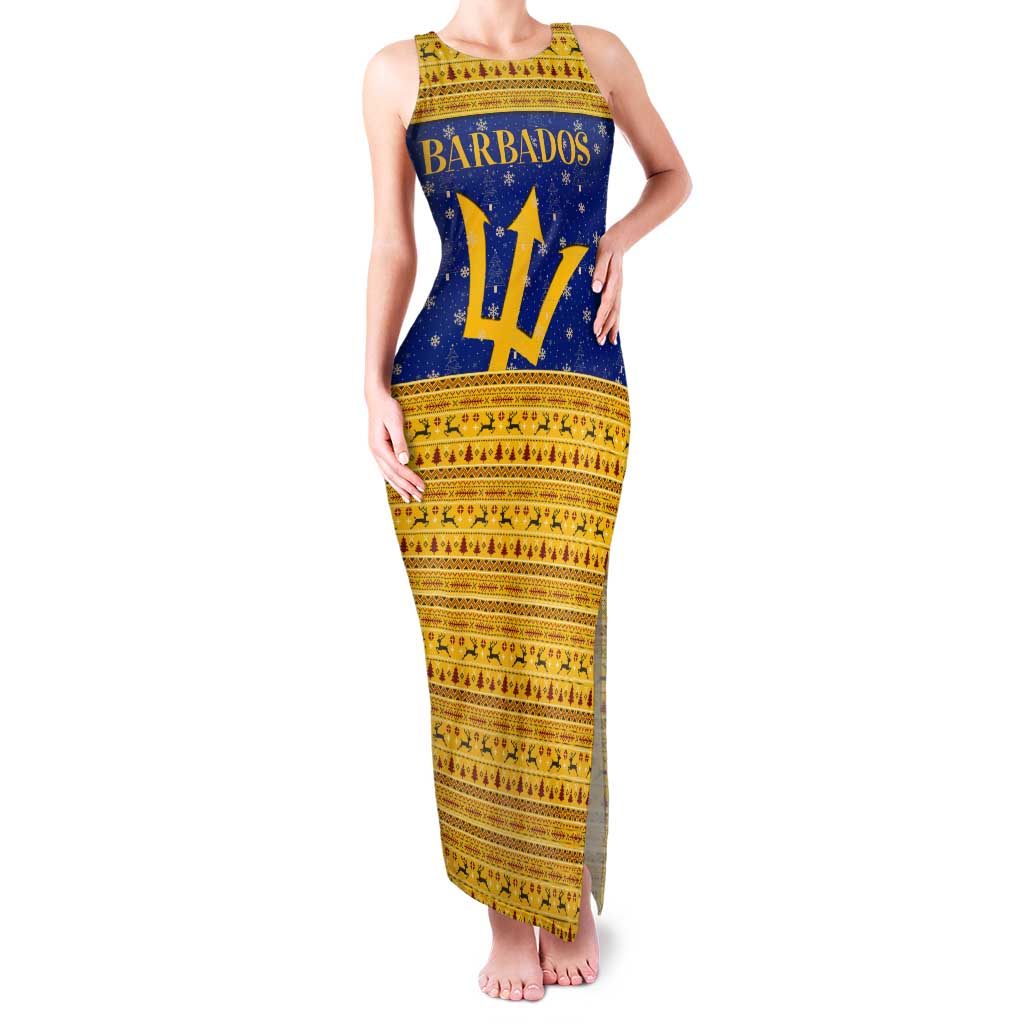 Barbados Christmas Tank Maxi Dress with Blue Yellow Xmas Trident Santa and Reindeer - Wonder Print Shop
