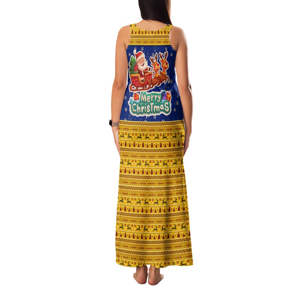 Barbados Christmas Tank Maxi Dress with Blue Yellow Xmas Trident Santa and Reindeer - Wonder Print Shop