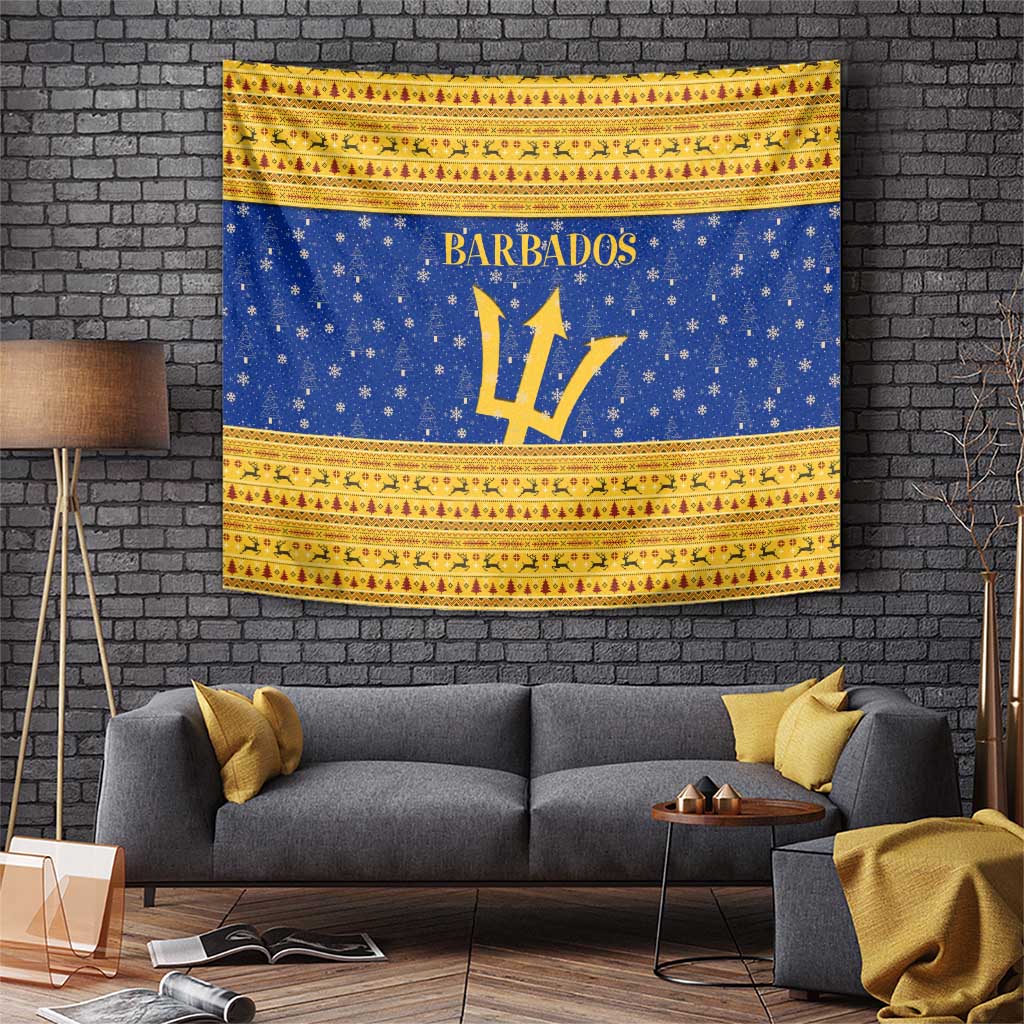Barbados Christmas Tapestry with Blue Yellow Xmas Trident Santa and Reindeer - Wonder Print Shop