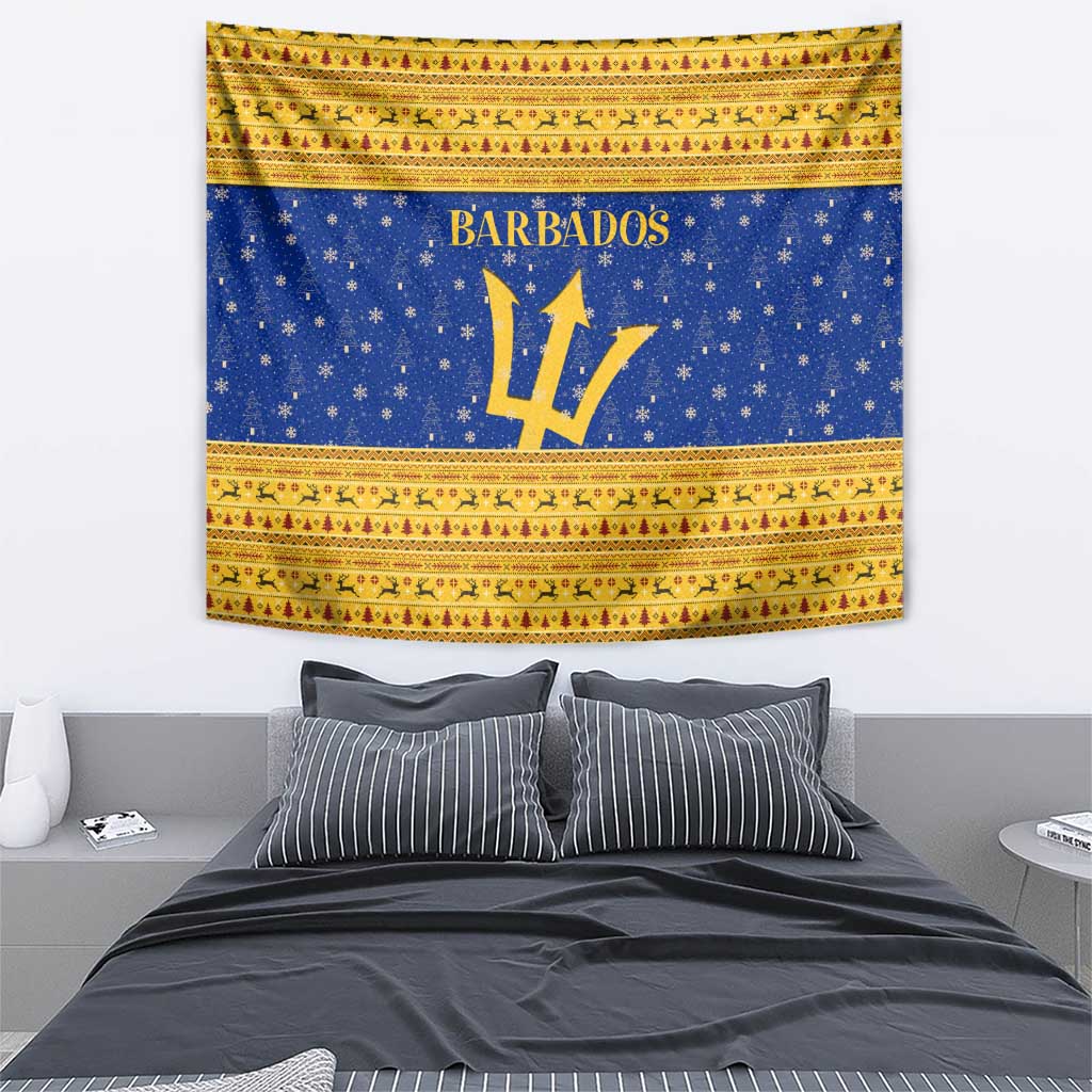 Barbados Christmas Tapestry with Blue Yellow Xmas Trident Santa and Reindeer - Wonder Print Shop