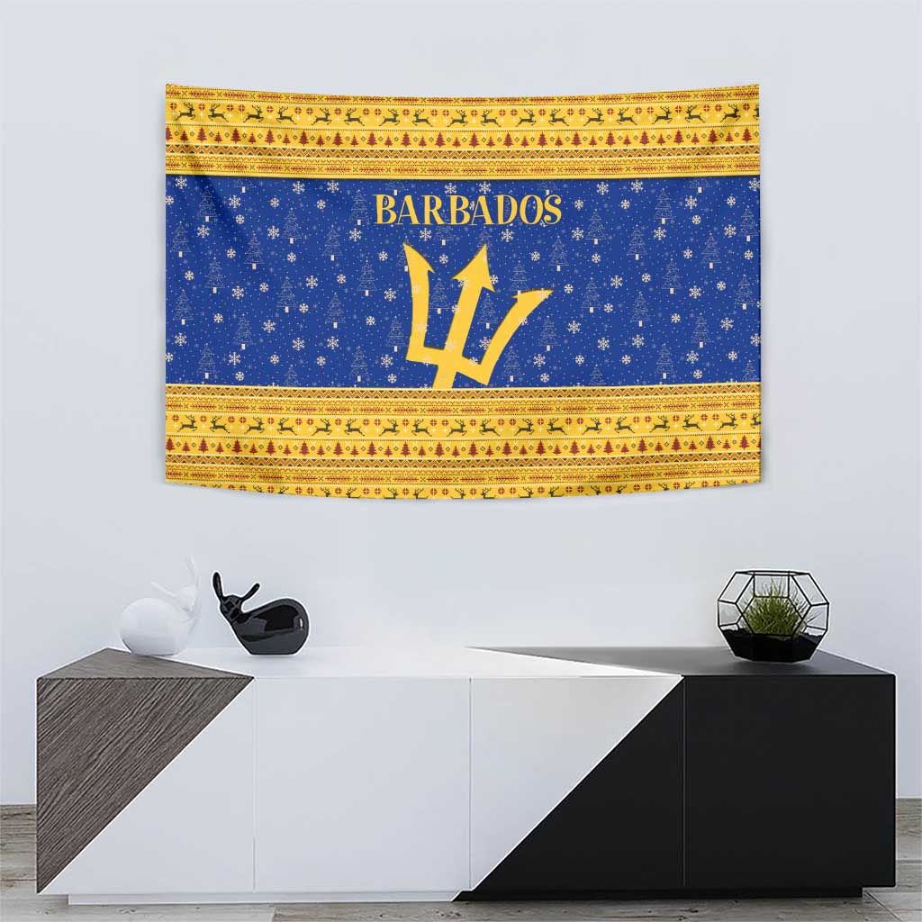 Barbados Christmas Tapestry with Blue Yellow Xmas Trident Santa and Reindeer - Wonder Print Shop