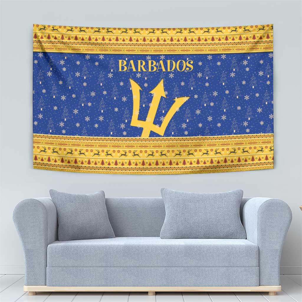 Barbados Christmas Tapestry with Blue Yellow Xmas Trident Santa and Reindeer - Wonder Print Shop