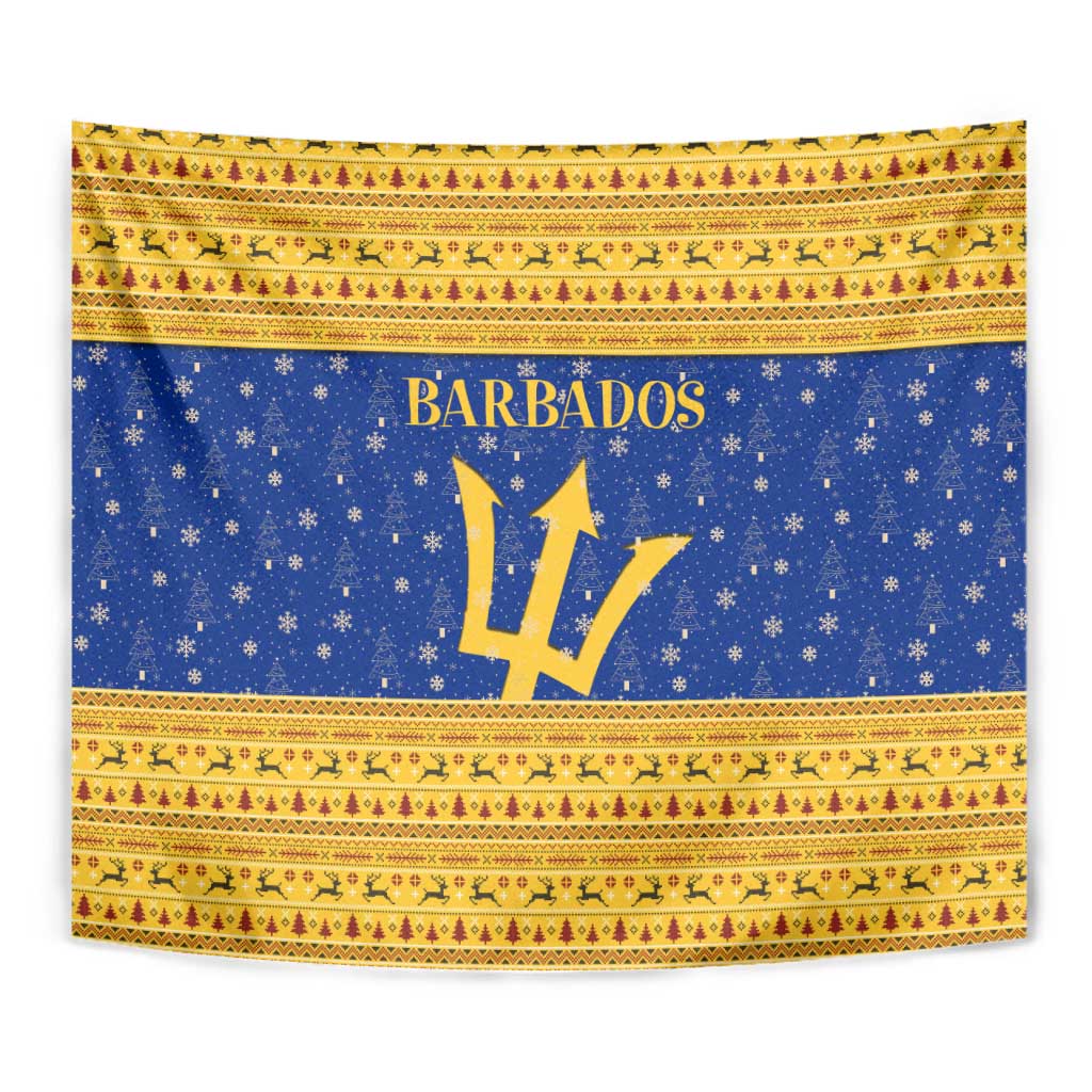 Barbados Christmas Tapestry with Blue Yellow Xmas Trident Santa and Reindeer - Wonder Print Shop