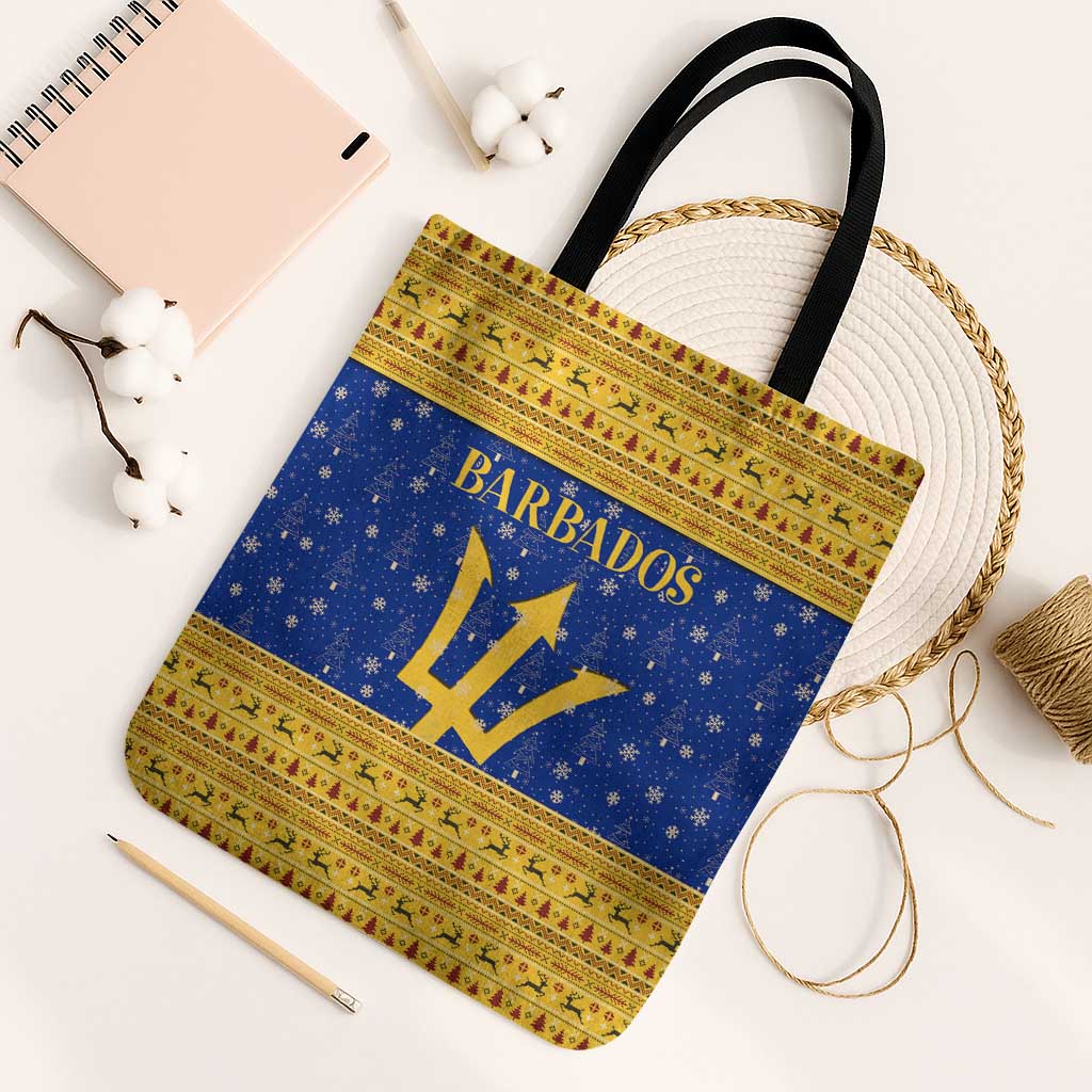 Barbados Christmas Tote Bag with Blue Yellow Xmas Trident Santa and Reindeer - Wonder Print Shop