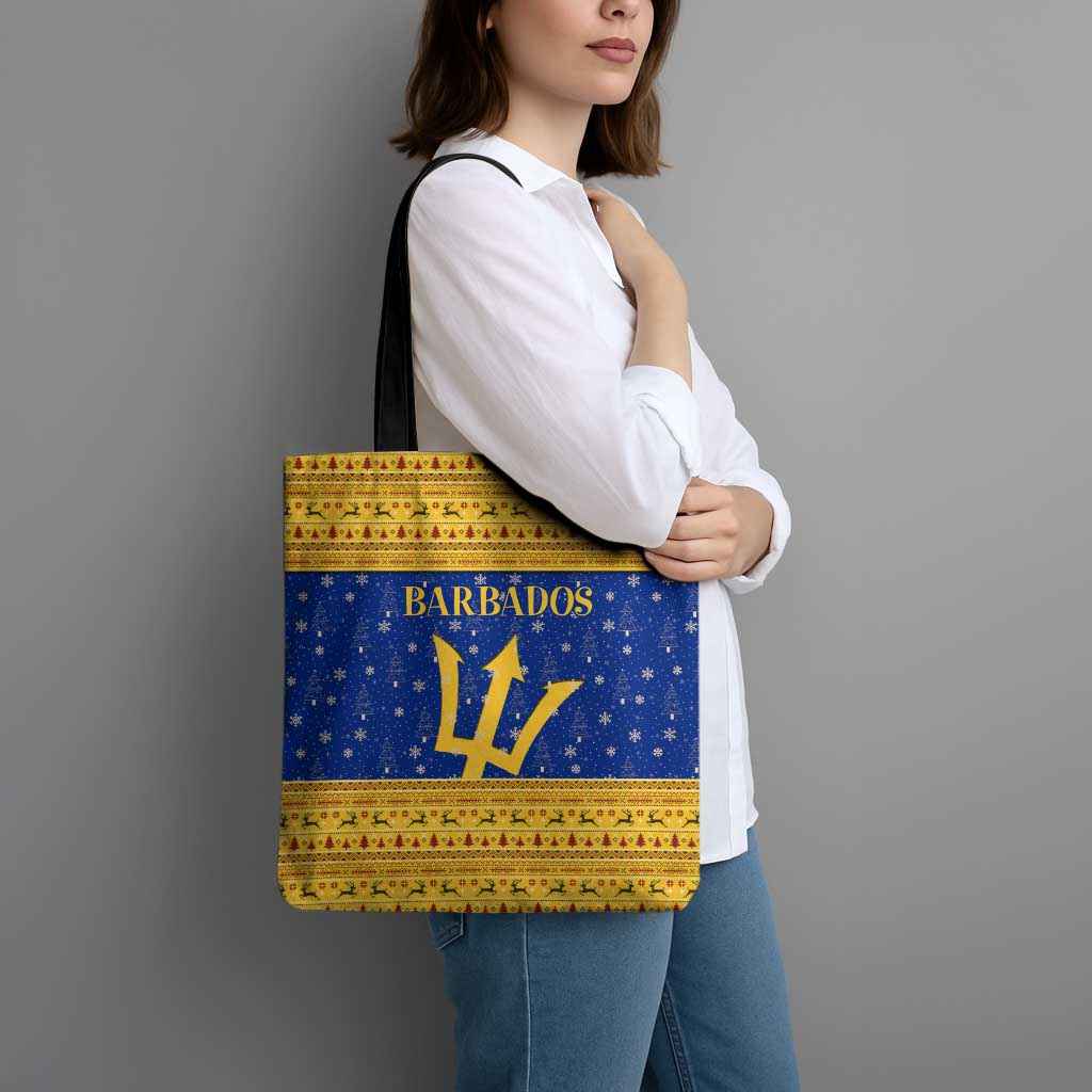 Barbados Christmas Tote Bag with Blue Yellow Xmas Trident Santa and Reindeer - Wonder Print Shop