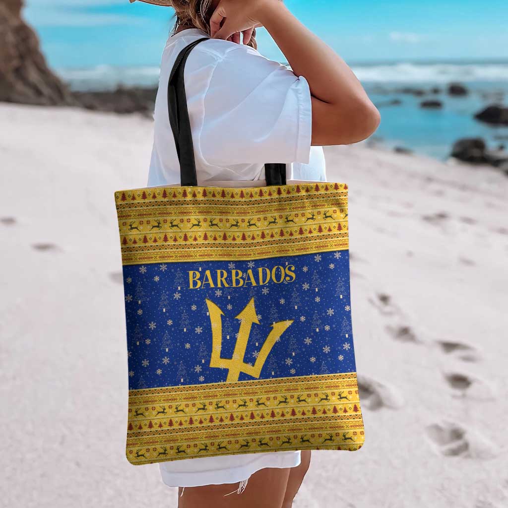 Barbados Christmas Tote Bag with Blue Yellow Xmas Trident Santa and Reindeer - Wonder Print Shop