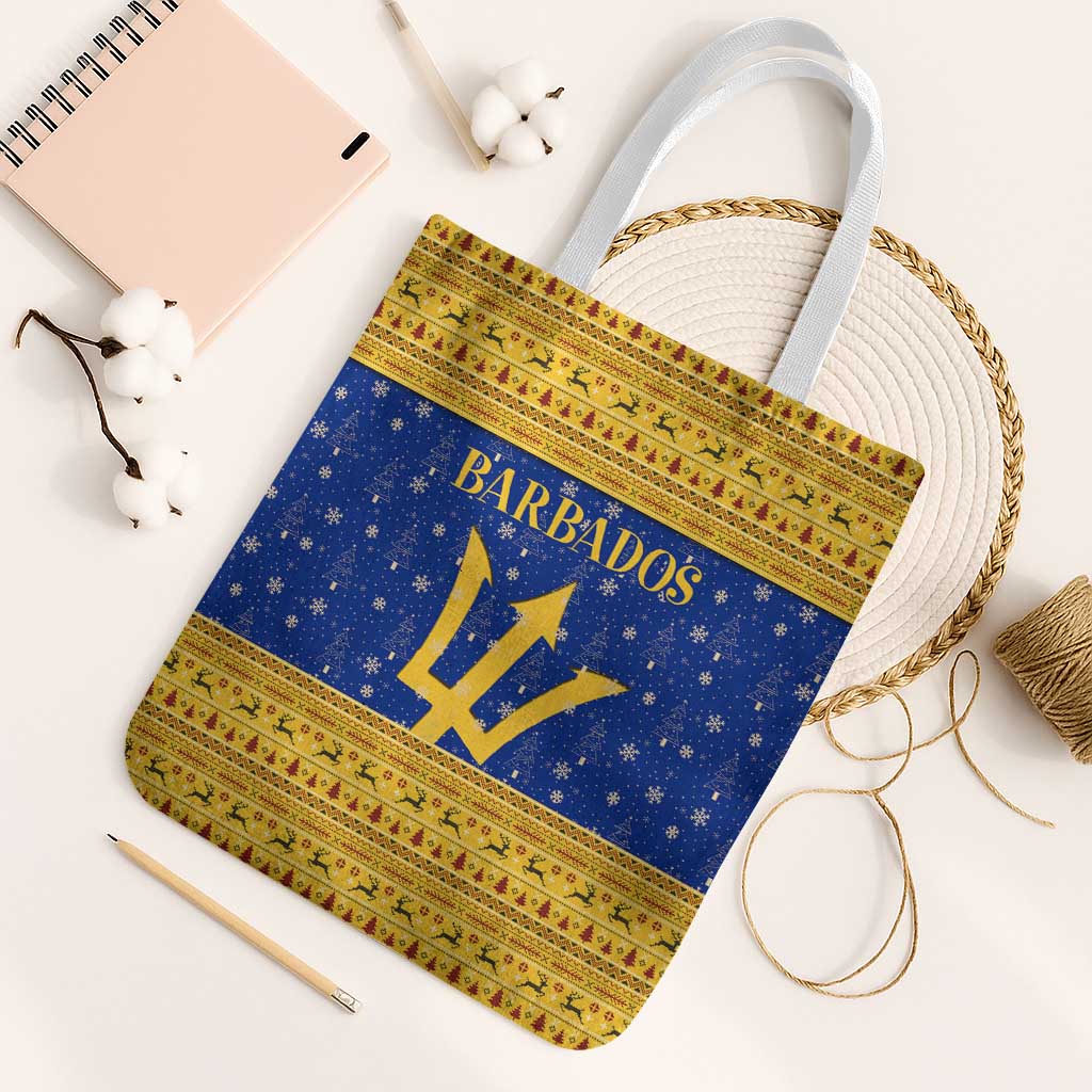 Barbados Christmas Tote Bag with Blue Yellow Xmas Trident Santa and Reindeer - Wonder Print Shop