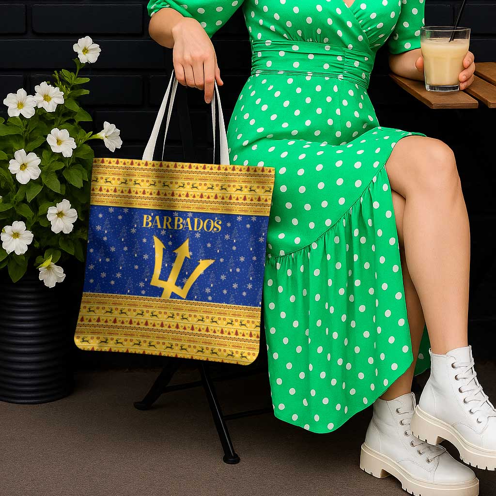 Barbados Christmas Tote Bag with Blue Yellow Xmas Trident Santa and Reindeer - Wonder Print Shop
