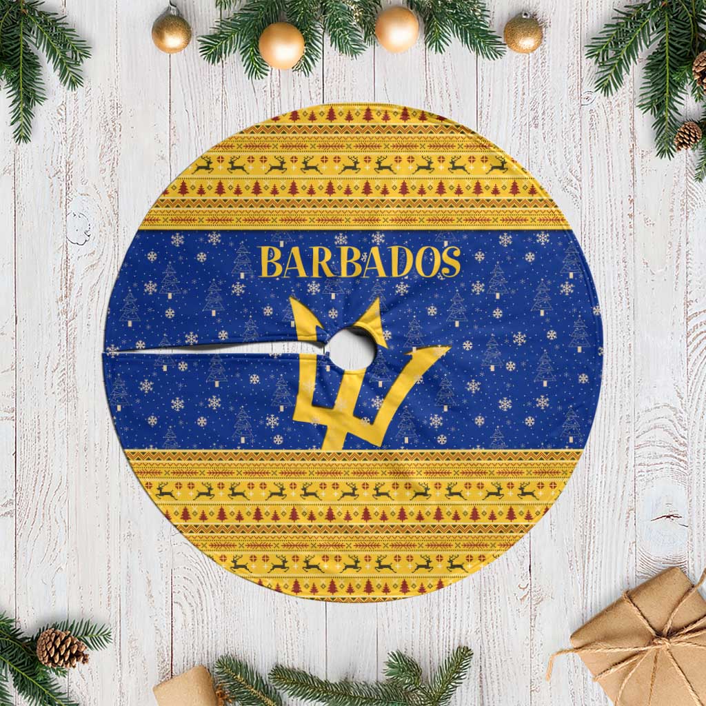 Barbados Christmas Tree Skirt with Blue Yellow Xmas Trident Santa and Reindeer - Wonder Print Shop