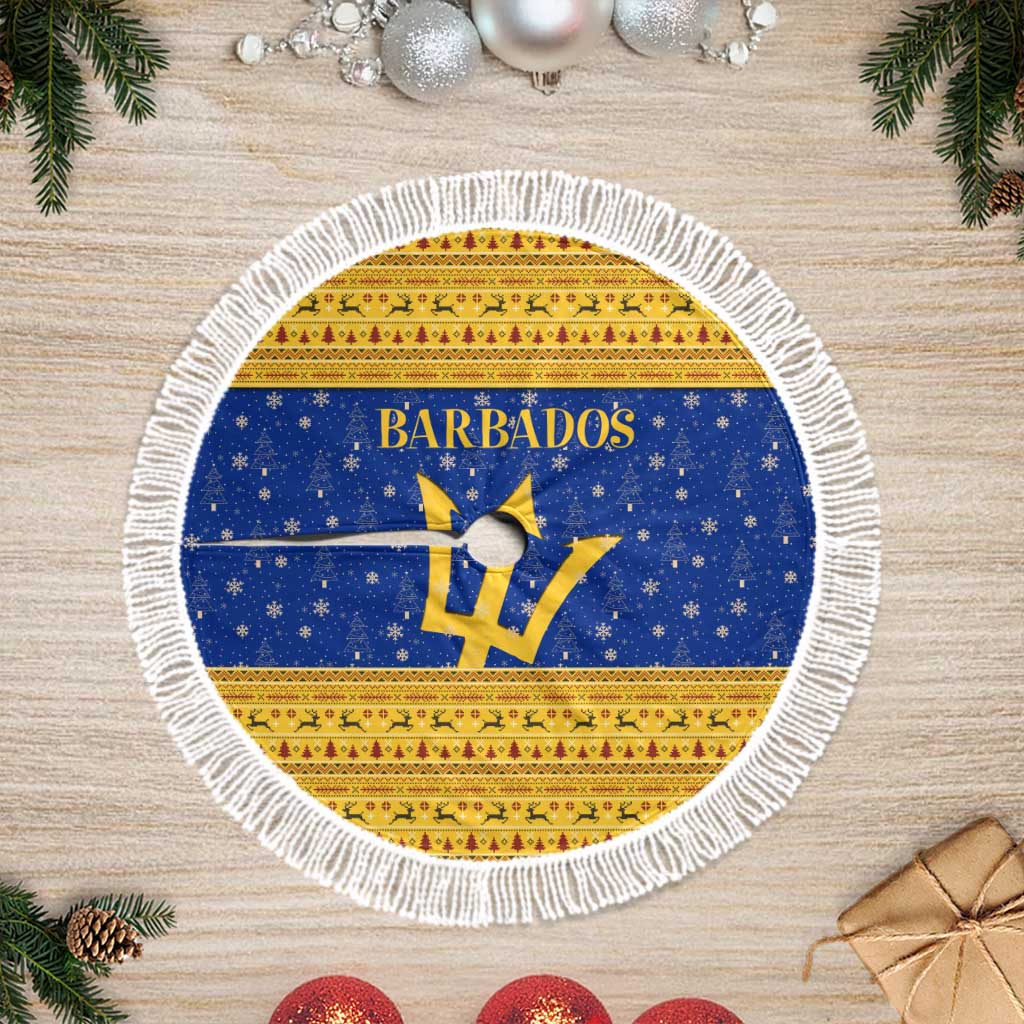 Barbados Christmas Tree Skirt with Blue Yellow Xmas Trident Santa and Reindeer - Wonder Print Shop
